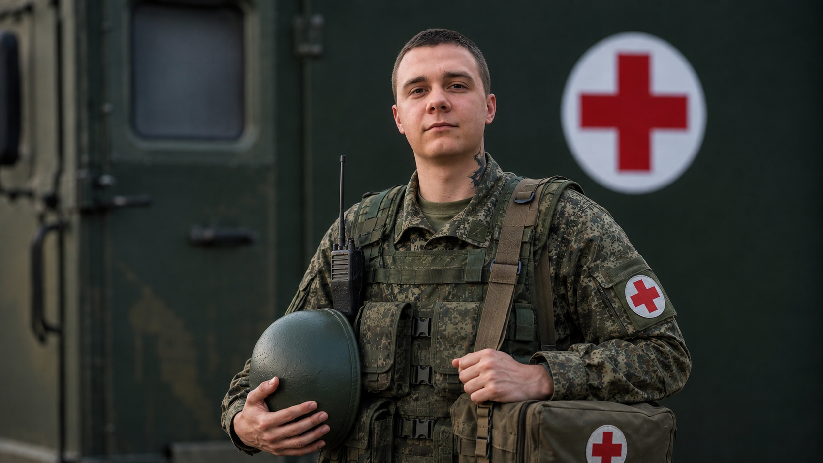 Военный медик рядом с медицинской машиной